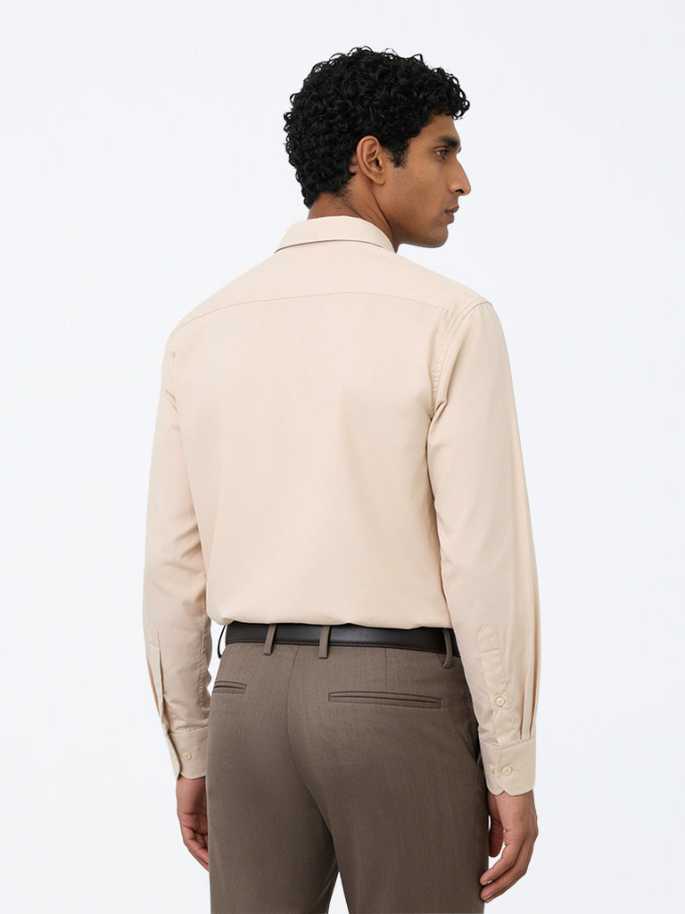 WES Formals Cream Solid Relaxed-Fit Cotton Shirt