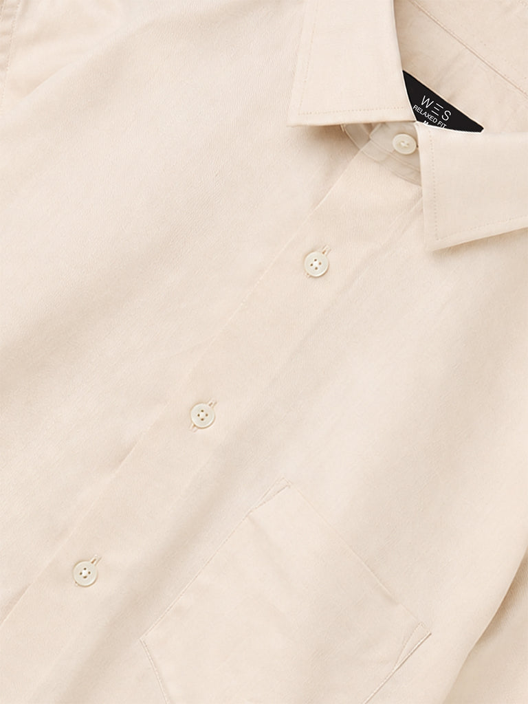 WES Formals Cream Solid Relaxed-Fit Cotton Shirt