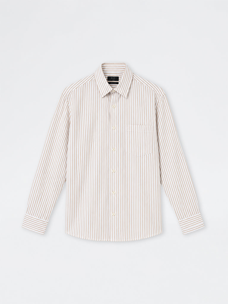 WES Formals Beige Striped Relaxed-Fit Cotton Shirt
