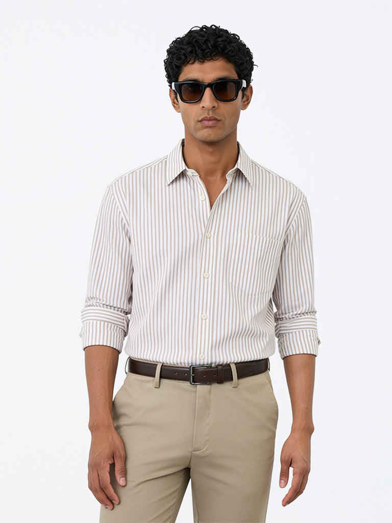 WES Formals Beige Striped Relaxed-Fit Cotton Shirt