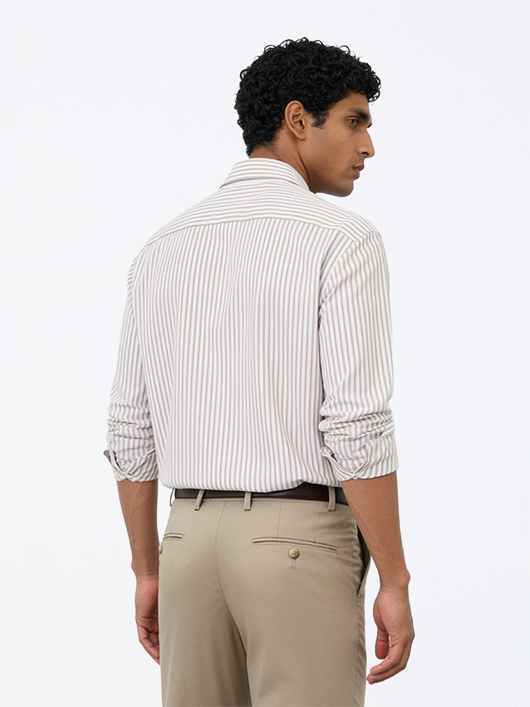 WES Formals Beige Striped Relaxed-Fit Cotton Shirt