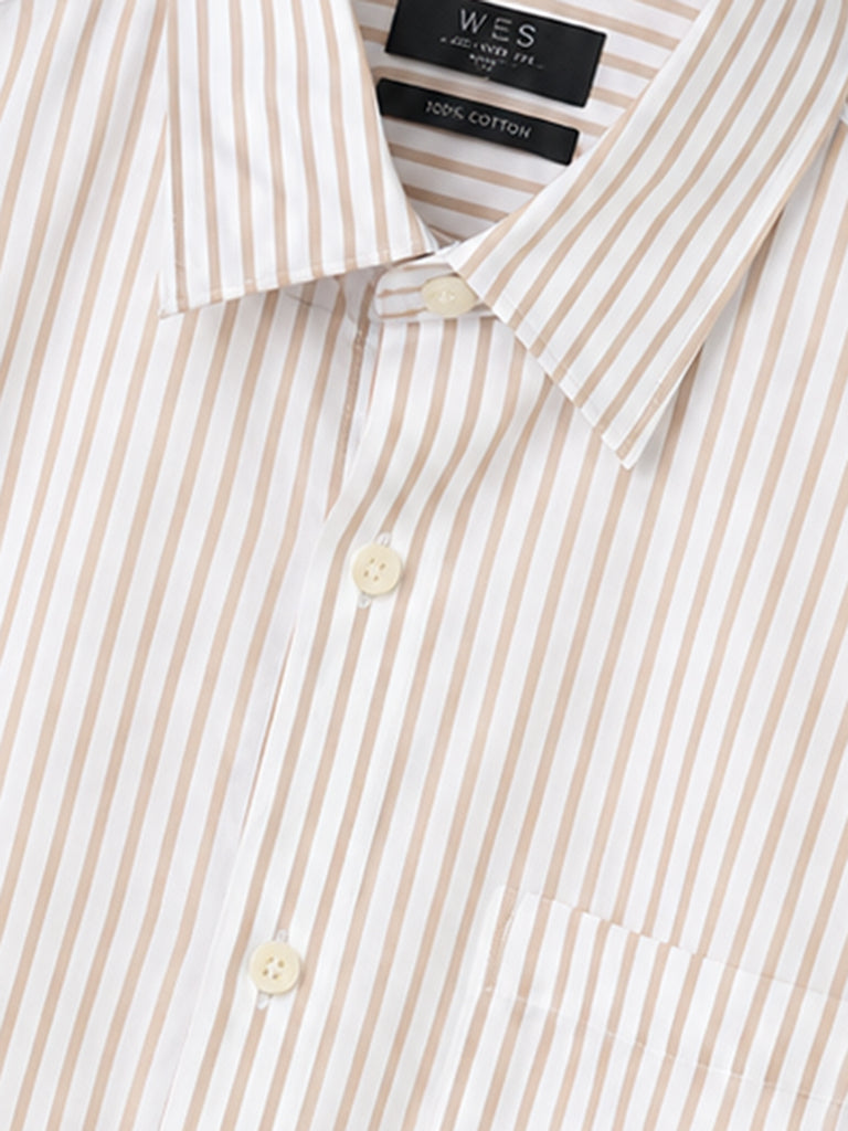 WES Formals Beige Striped Relaxed-Fit Cotton Shirt