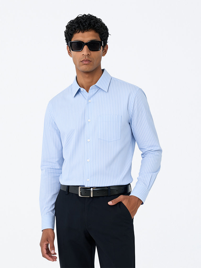 WES Formals Blue Striped Relaxed-Fit Cotton Shirt
