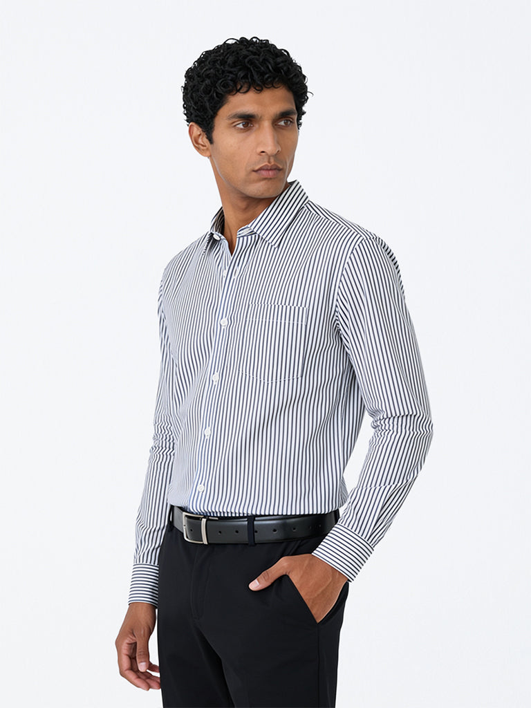 WES Formals Dark Grey Striped Slim-Fit Cotton Shirt
