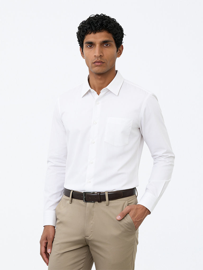 WES Formals Off-White Striped Slim-Fit Cotton Shirt