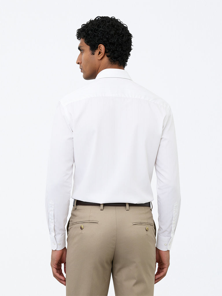 WES Formals Off-White Striped Slim-Fit Cotton Shirt