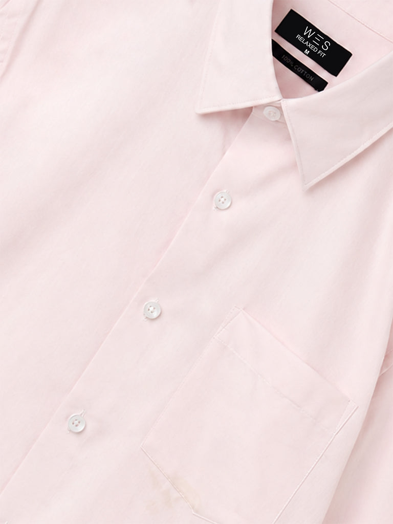WES Formals Light Pink Solid Slim-Fit Cotton Shirt