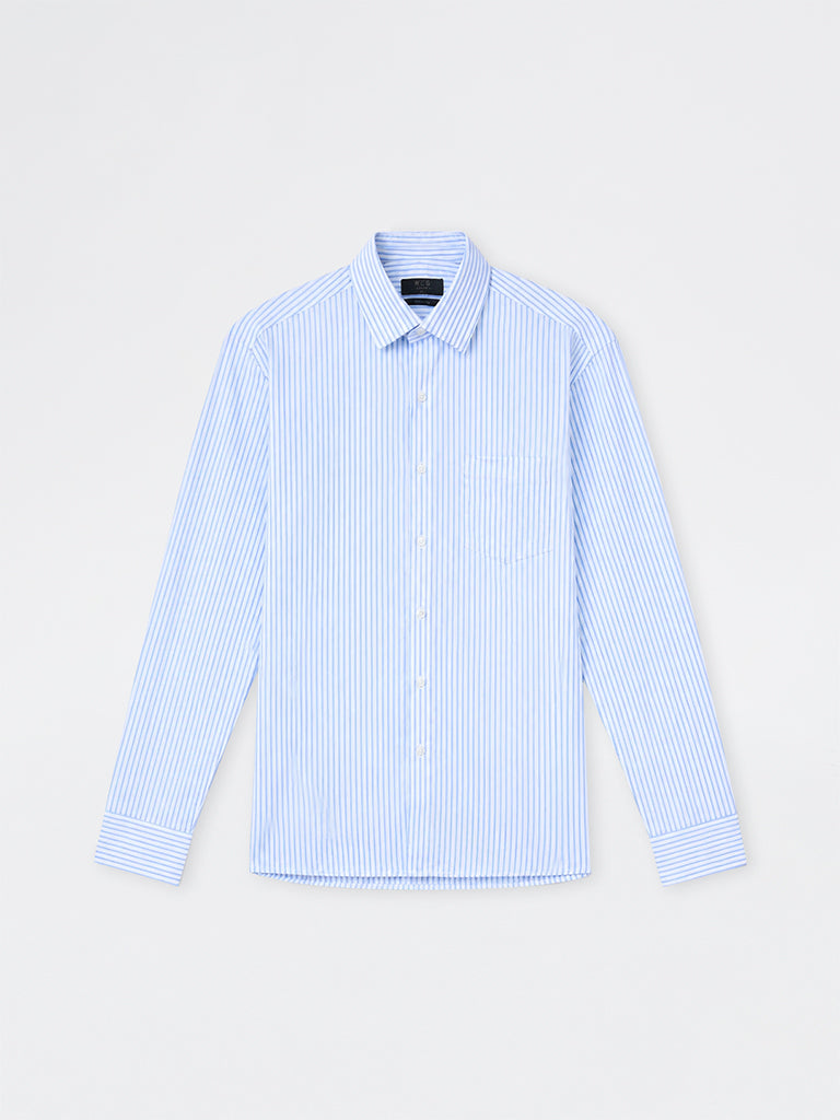 WES Formals Light Blue Striped Slim-Fit Cotton Shirt