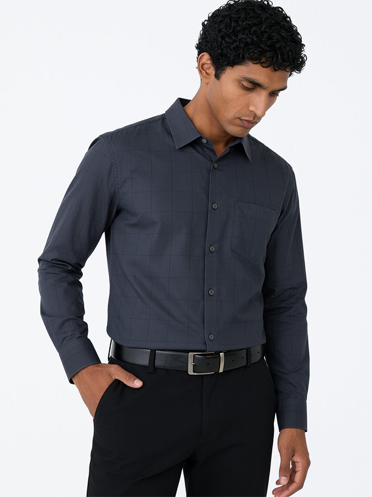 WES Formals Charcoal Checkered Relaxed-Fit Cotton Shirt