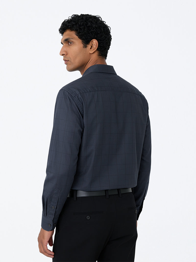 WES Formals Charcoal Checkered Relaxed-Fit Cotton Shirt