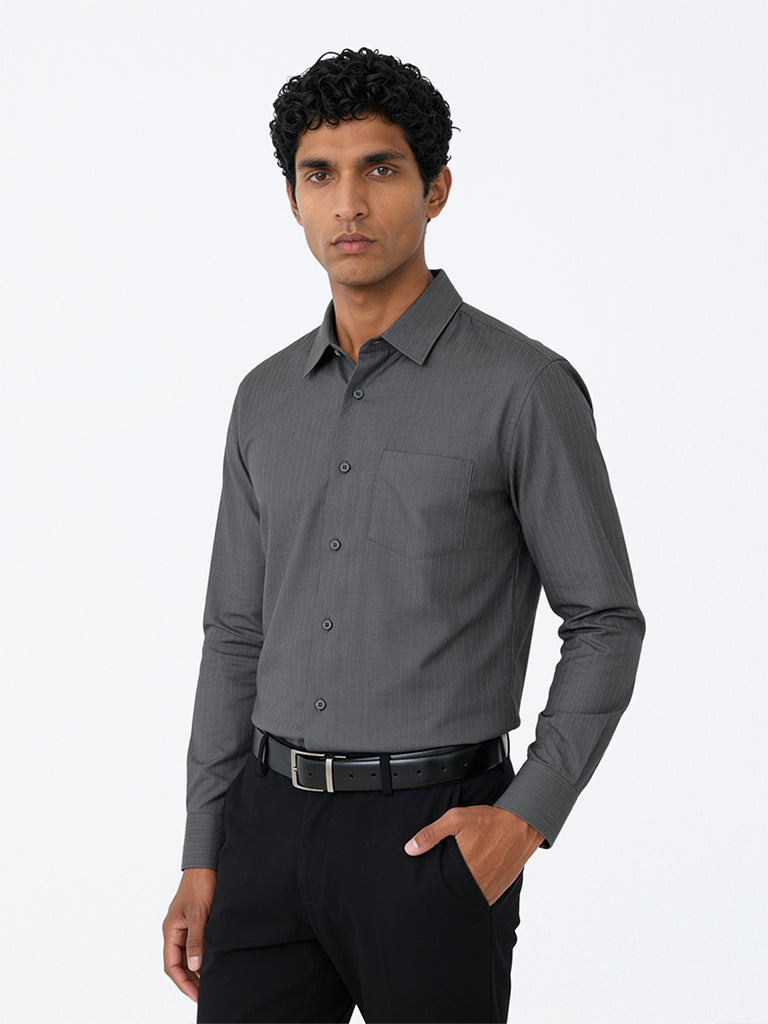 WES Formals Grey Striped Relaxed-Fit Cotton Shirt