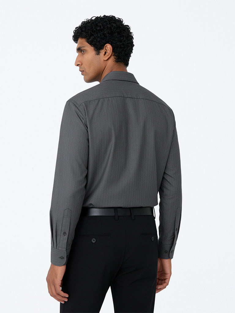 WES Formals Grey Striped Relaxed-Fit Cotton Shirt