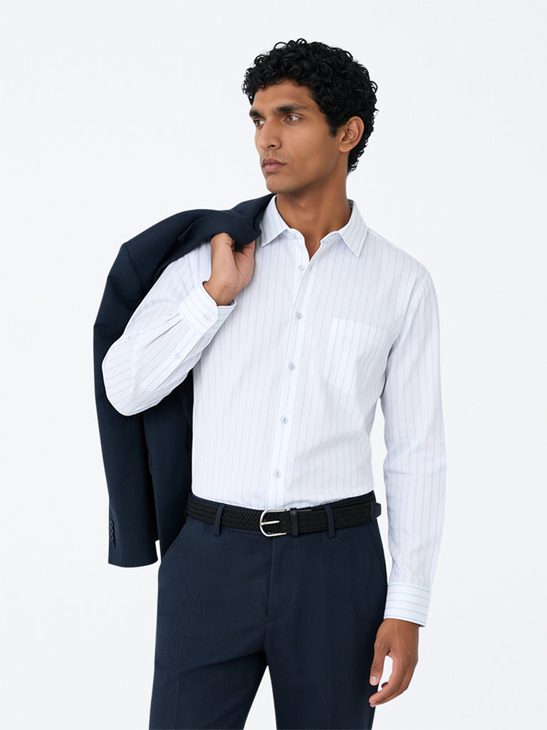 WES Formals White Striped Relaxed-Fit Cotton Shirt