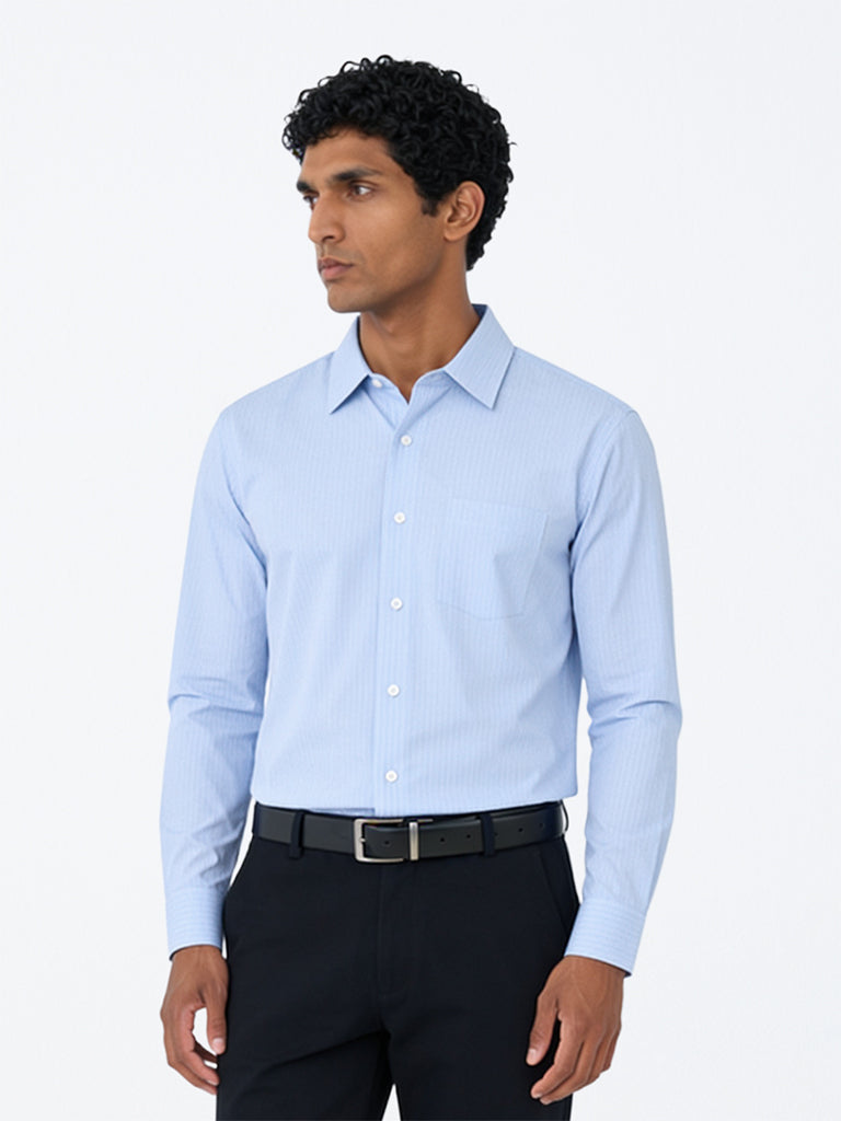 WES Formals Blue Checkered Slim-Fit Cotton Shirt