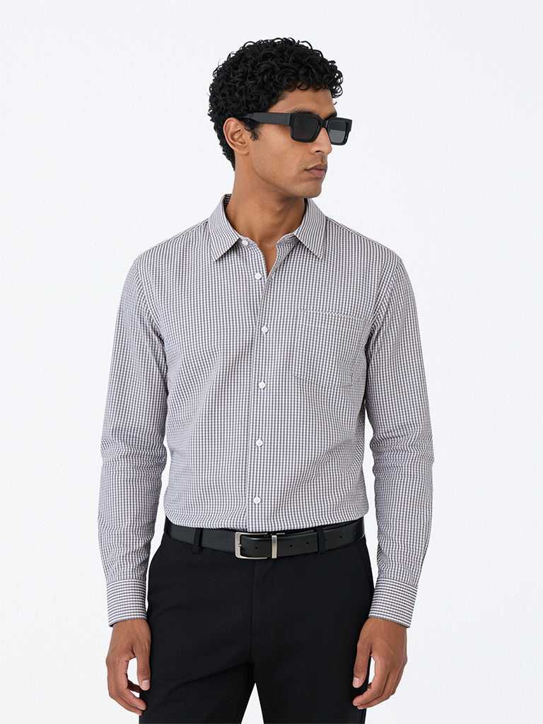 WES Formals Dark Grey Checkered Slim-Fit Cotton Shirt