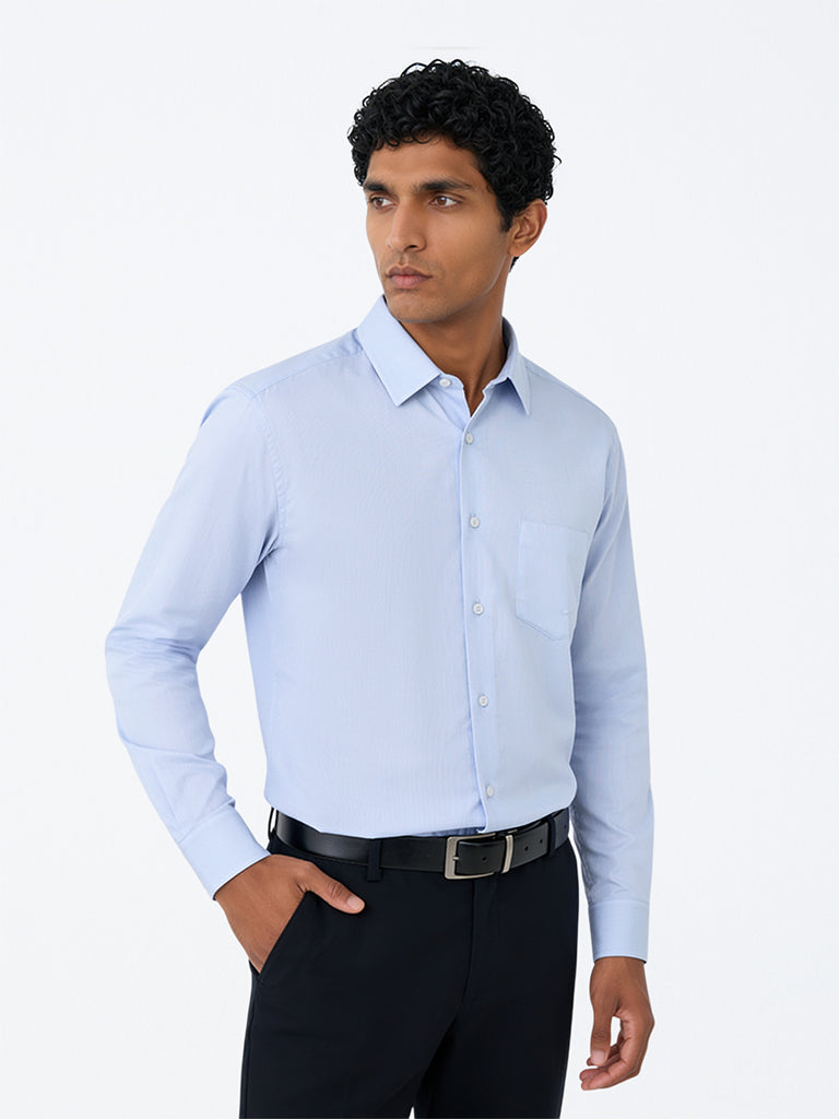 WES Formals Light Blue Solid Relaxed-Fit Cotton Shirt