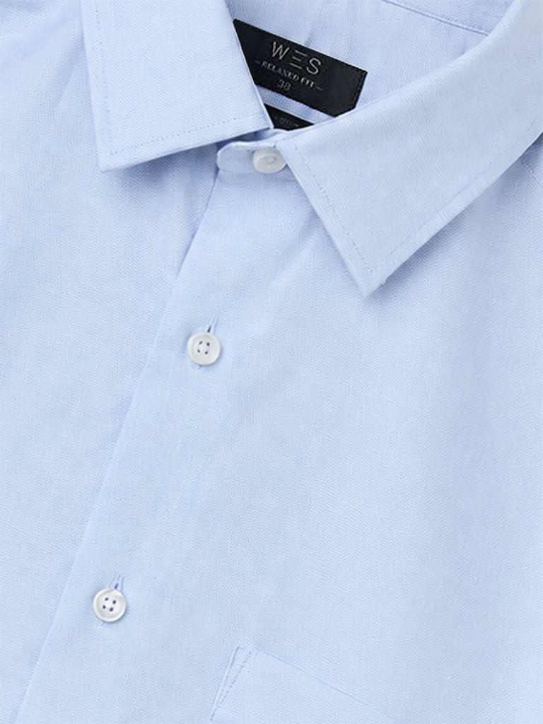WES Formals Light Blue Solid Relaxed-Fit Cotton Shirt