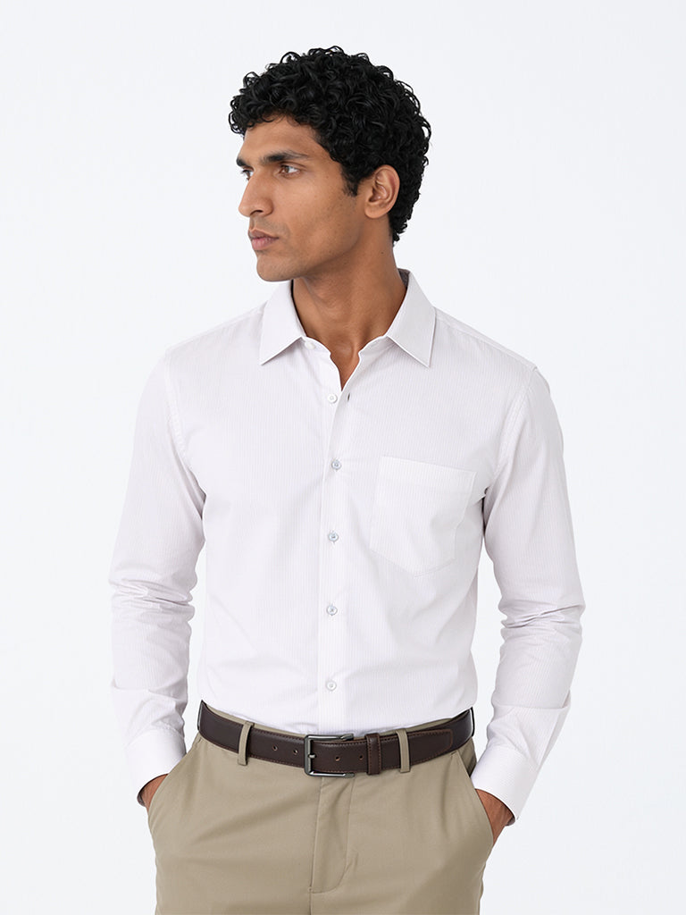 WES Formals Light Beige Striped Slim-Fit Cotton Shirt