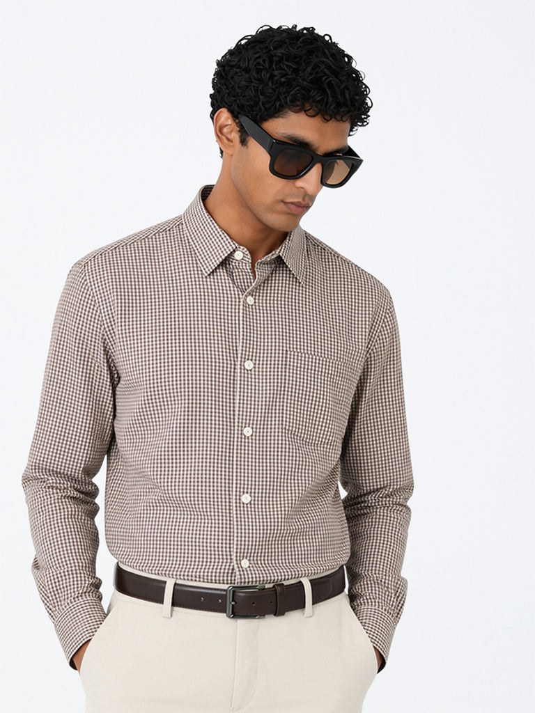 WES Formals Brown Checks Pattern Relaxed-Fit Cotton Shirt
