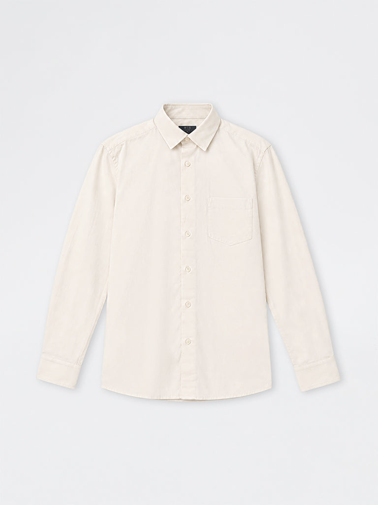 WES Formals Off-White Solid Relaxed-Fit Cotton Shirt