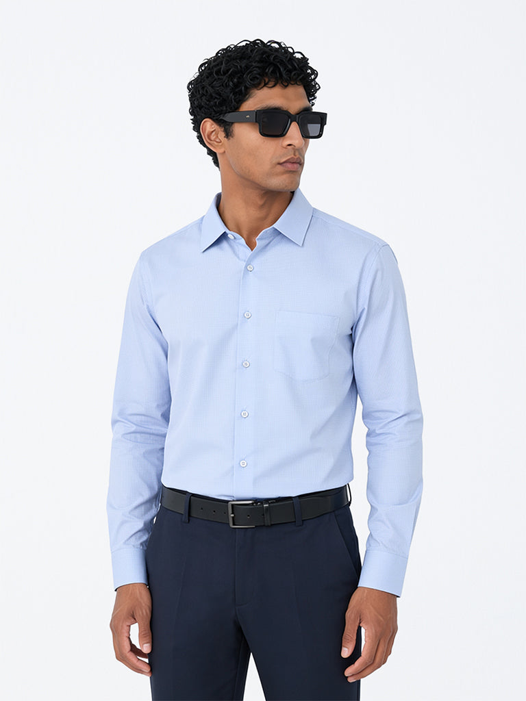 WES Formals Light Blue Solid Relaxed-Fit Cotton Shirt