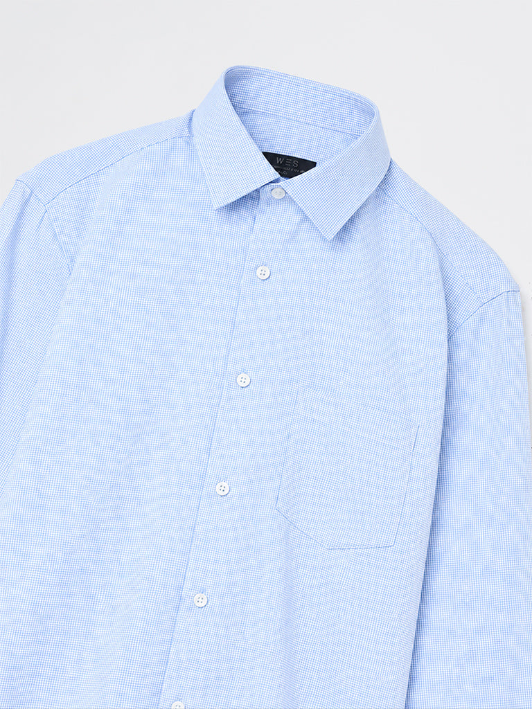 WES Formals Light Blue Solid Relaxed-Fit Cotton Shirt
