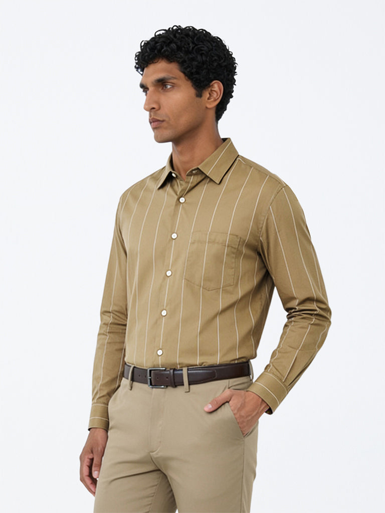 WES Formals Taupe Striped Relaxed-Fit Cotton Shirt