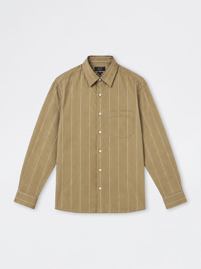WES Formals Taupe Striped Relaxed-Fit Cotton Shirt