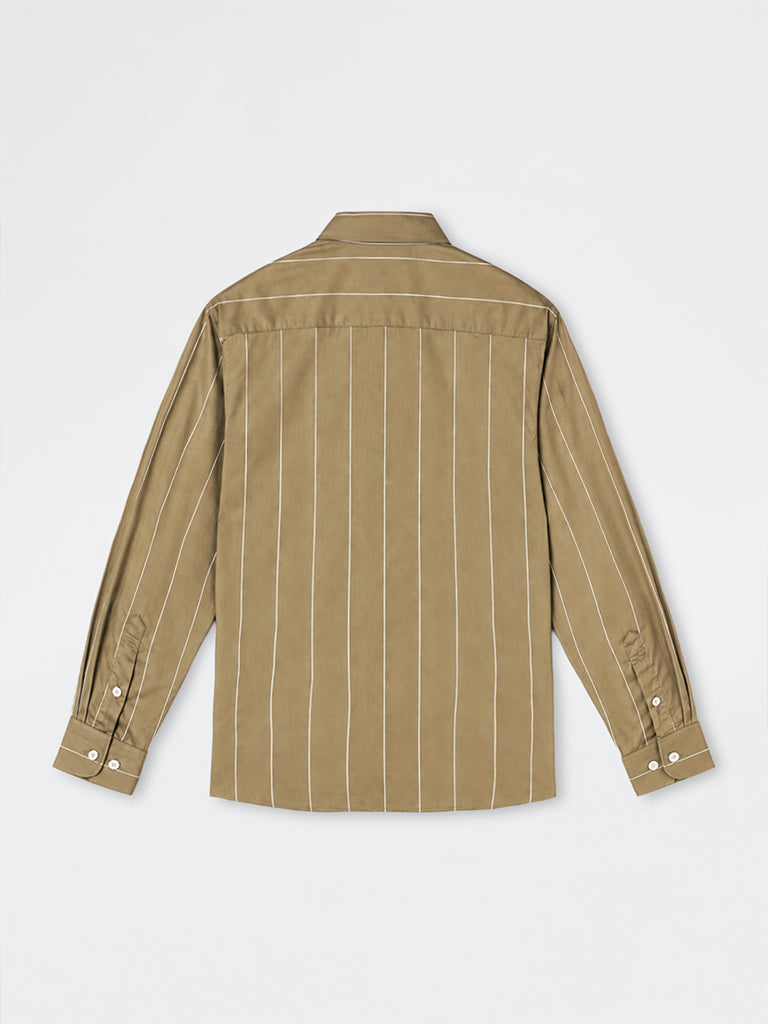 WES Formals Taupe Striped Relaxed-Fit Cotton Shirt