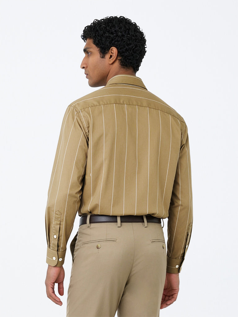 WES Formals Taupe Striped Relaxed-Fit Cotton Shirt