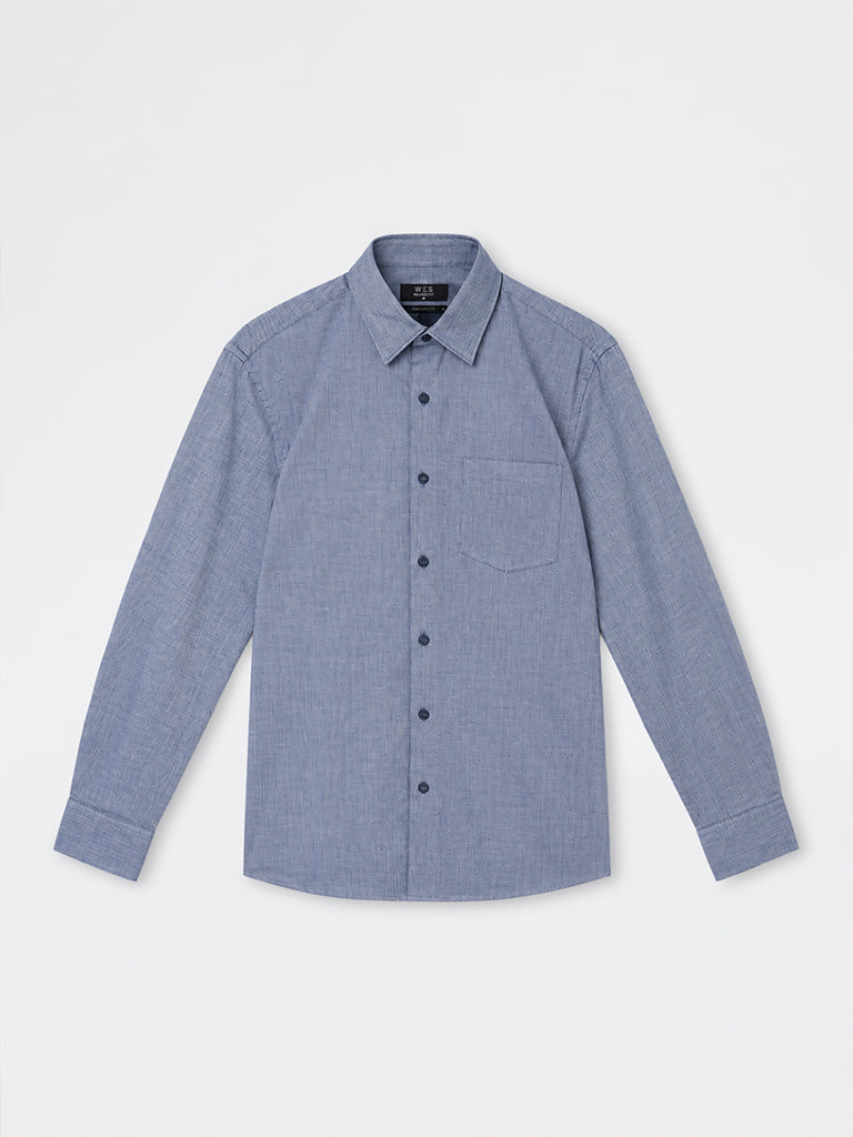 WES Formals Navy Solid Slim-Fit Cotton Shirt