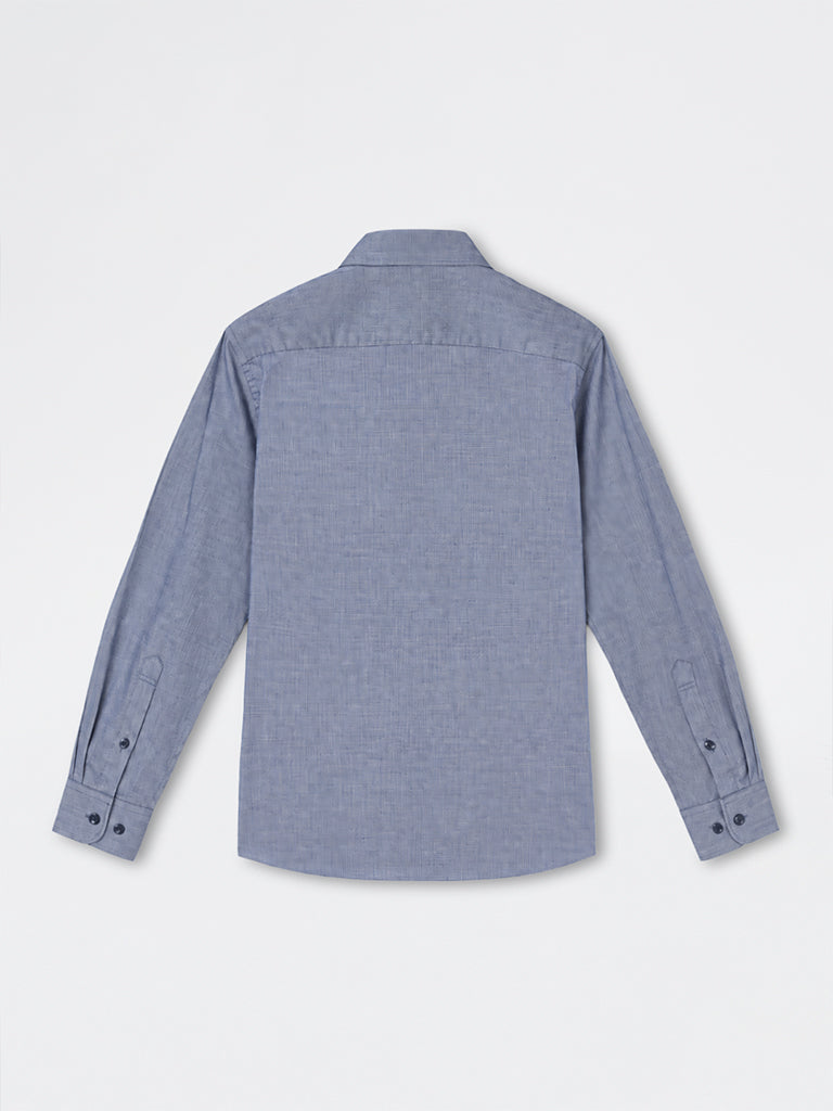 WES Formals Navy Solid Slim-Fit Cotton Shirt