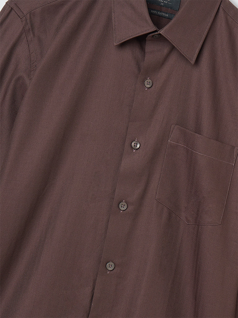 WES Formals Brown Solid Slim-Fit Cotton Shirt