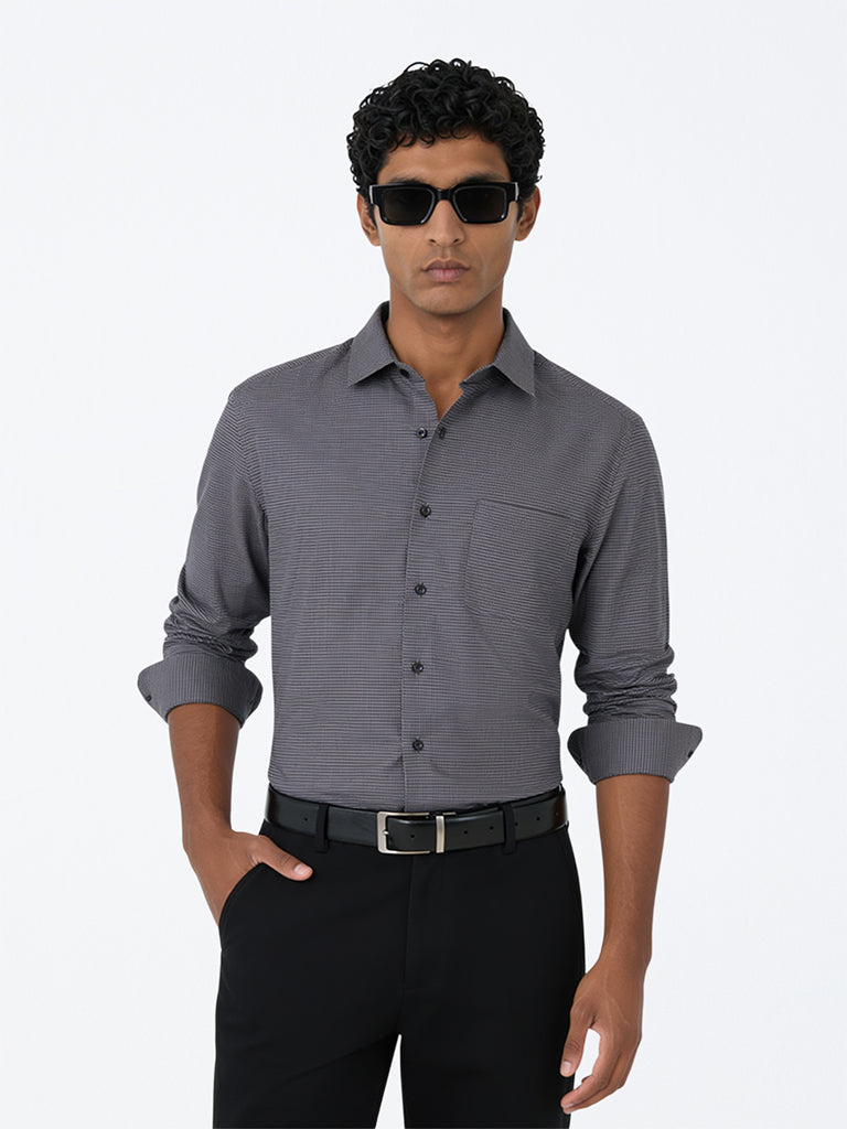WES Formals Charcoal Houndstooth Checkered Slim-Fit Cotton Shirt