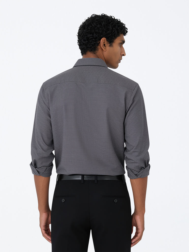 WES Formals Charcoal Houndstooth Checkered Slim-Fit Cotton Shirt