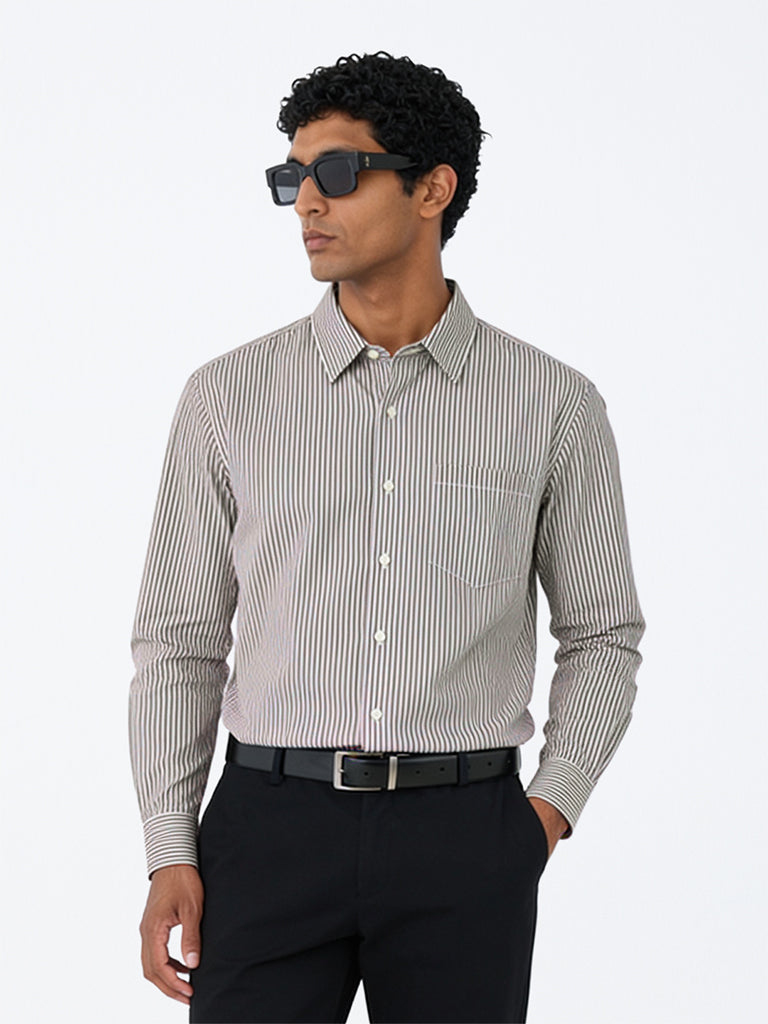 WES Formals Olive Striped Slim-Fit Cotton Shirt