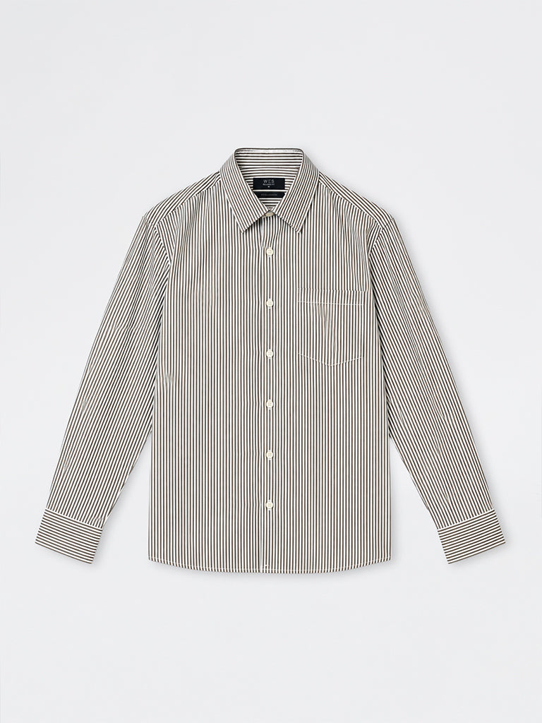 WES Formals Olive Striped Slim-Fit Cotton Shirt