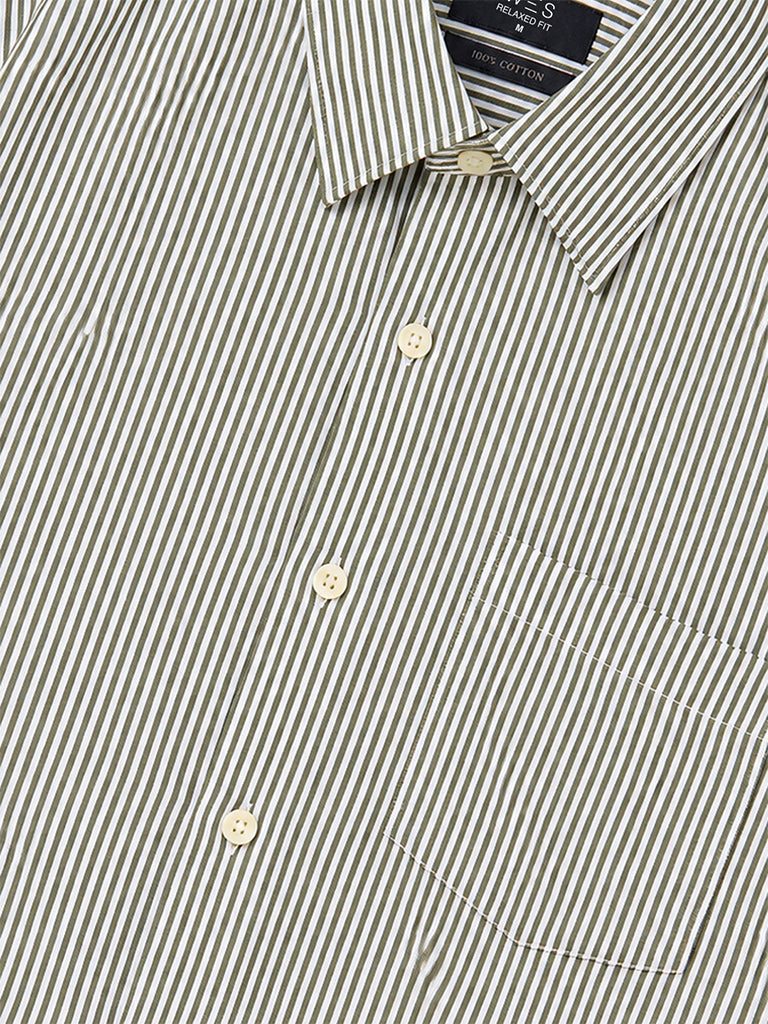 WES Formals Olive Striped Slim-Fit Cotton Shirt