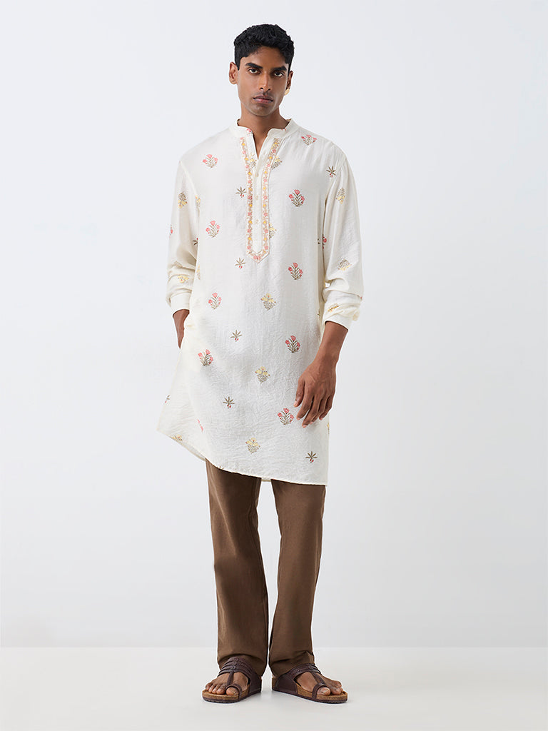 Kala by ETA Off-White Floral Embroidered Relaxed-Fit Kurta
