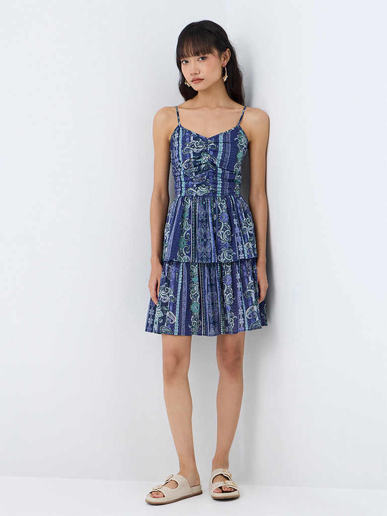 Bombay Paisley Blue Printed Tiered Cotton Mini Dress