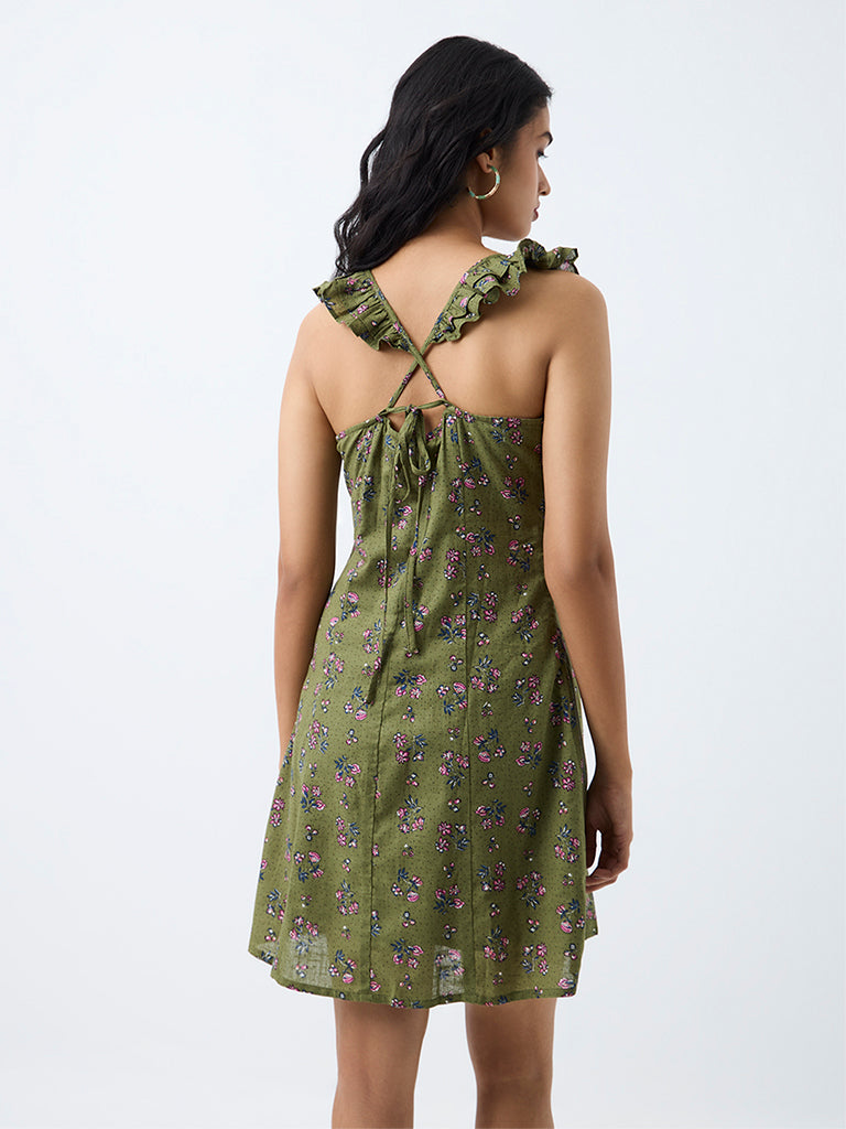 Bombay Paisley Green Floral Printed Cotton A-Line Mini Dress