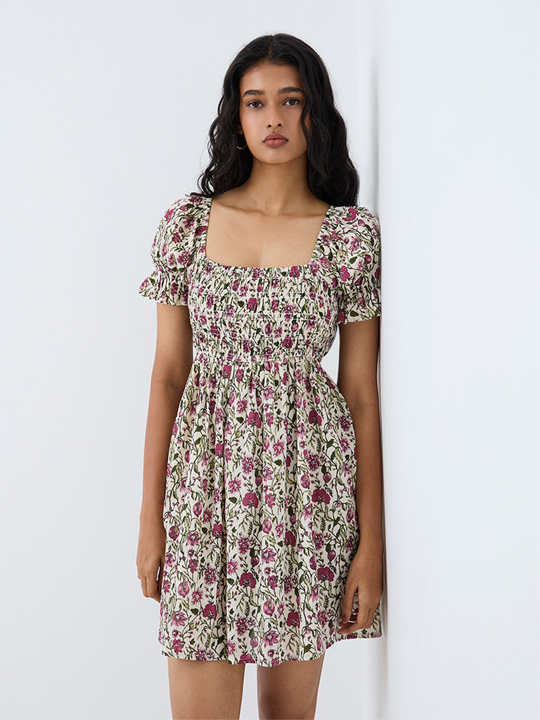 Bombay Paisley Off-White Floral Printed Cotton Fit-and-Flare Mini Dress
