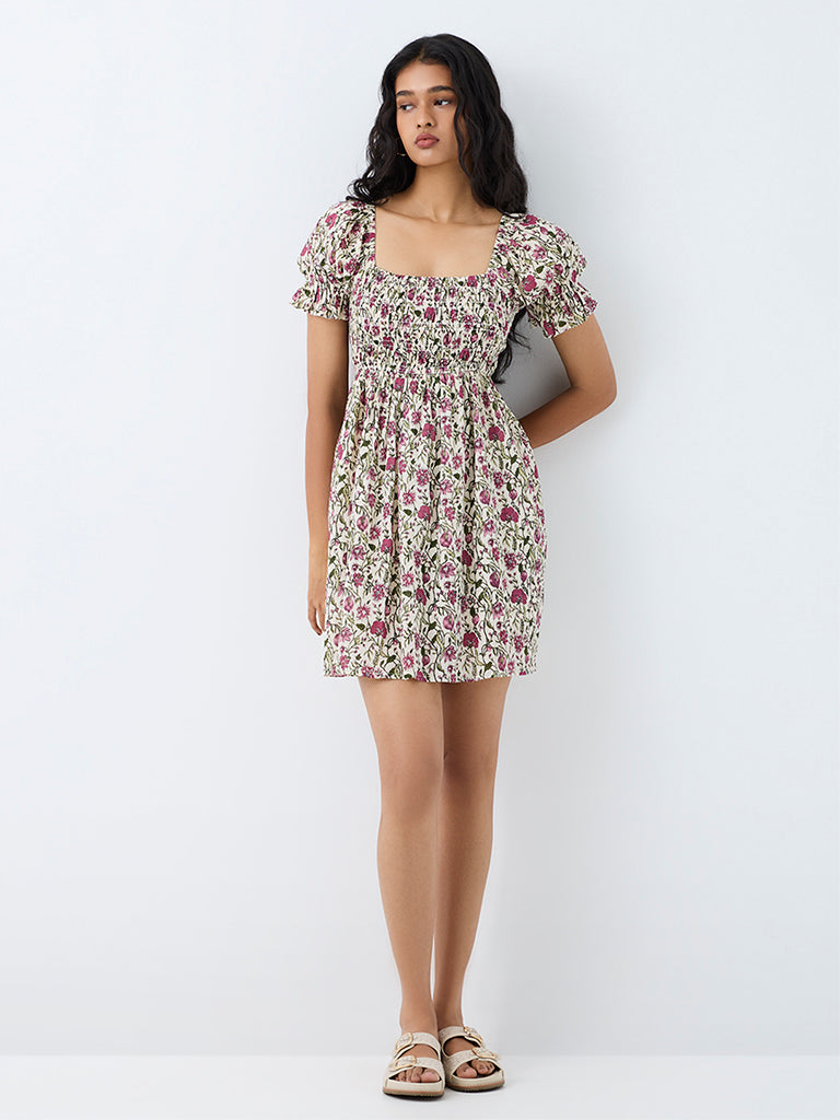 Bombay Paisley Off-White Floral Printed Cotton Fit-and-Flare Mini Dress