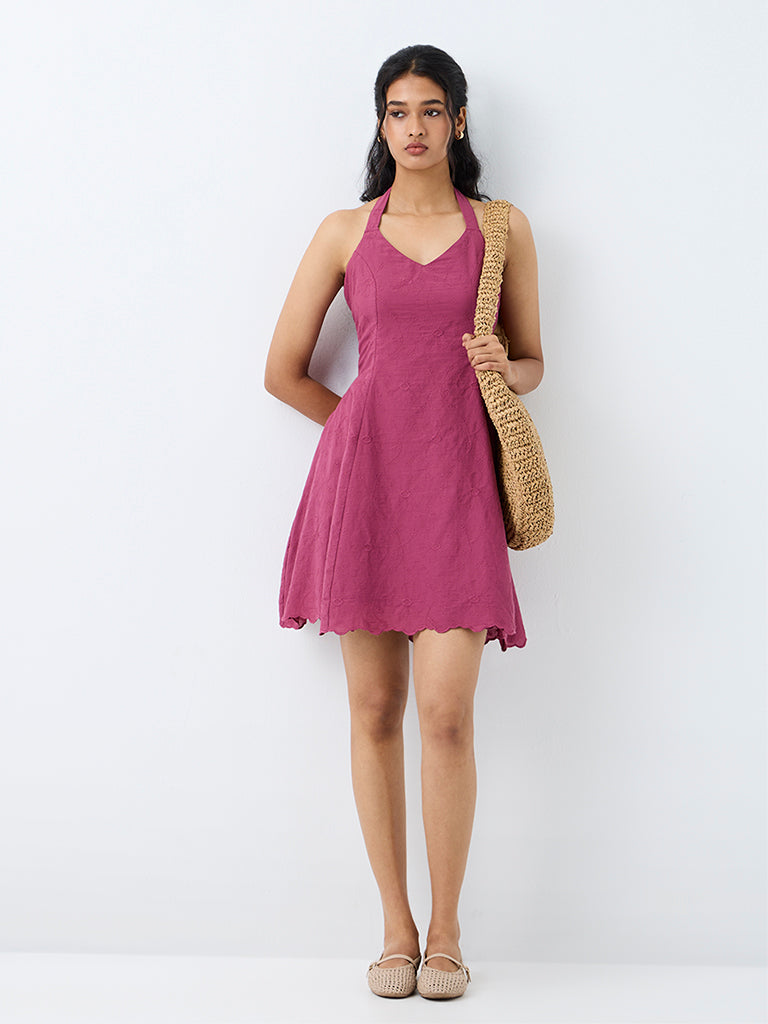Bombay Paisley Magenta Floral Embroidered Cotton Fit-and-Flare Dress