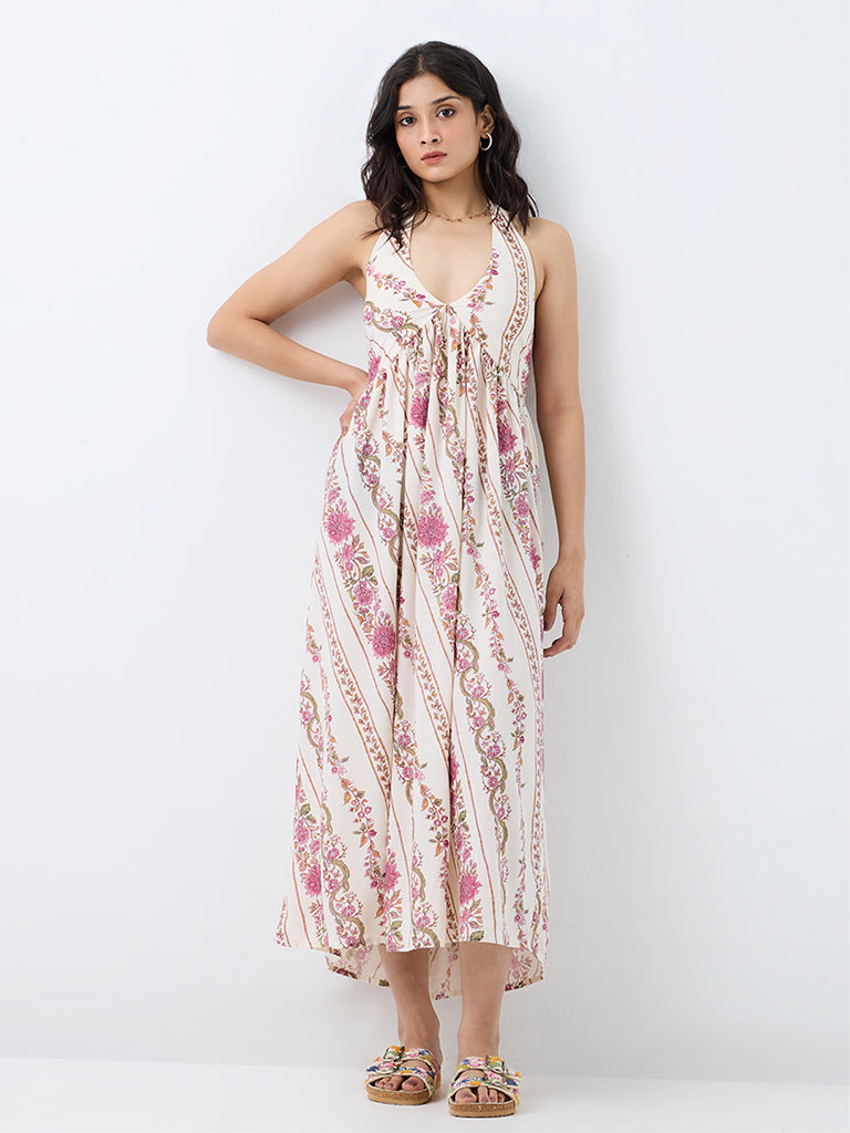 Bombay Paisley Off-White Floral Printed Empire-Line Dress