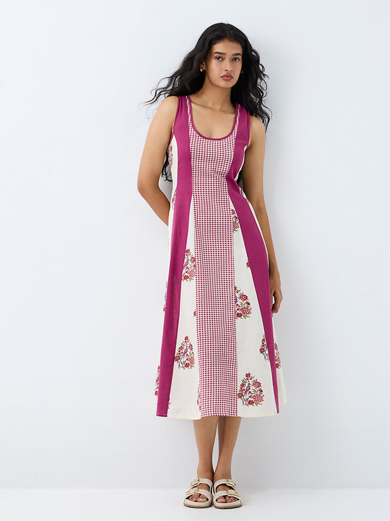 Bombay Paisley Fuchsia Colour-Blocked Printed Cotton-Blend  A-Line Dress