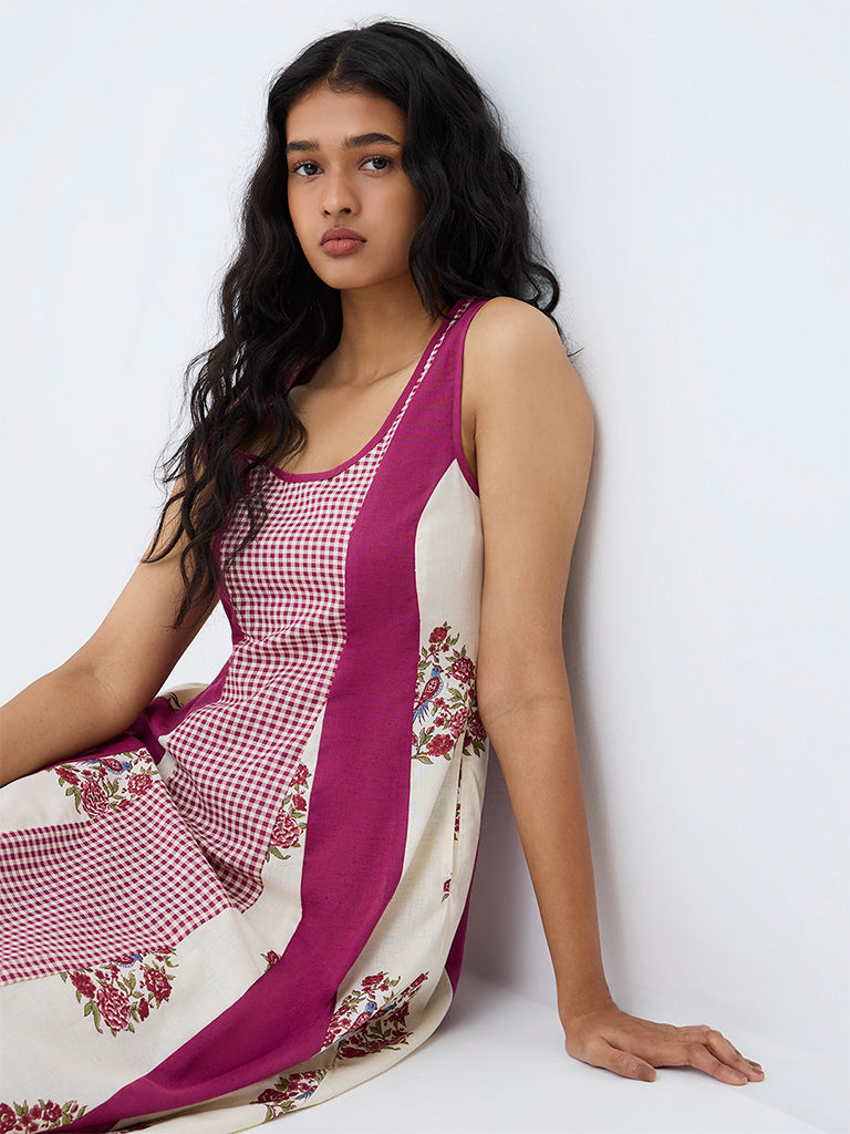 Bombay Paisley Fuchsia Colour-Blocked Printed Cotton-Blend  A-Line Dress