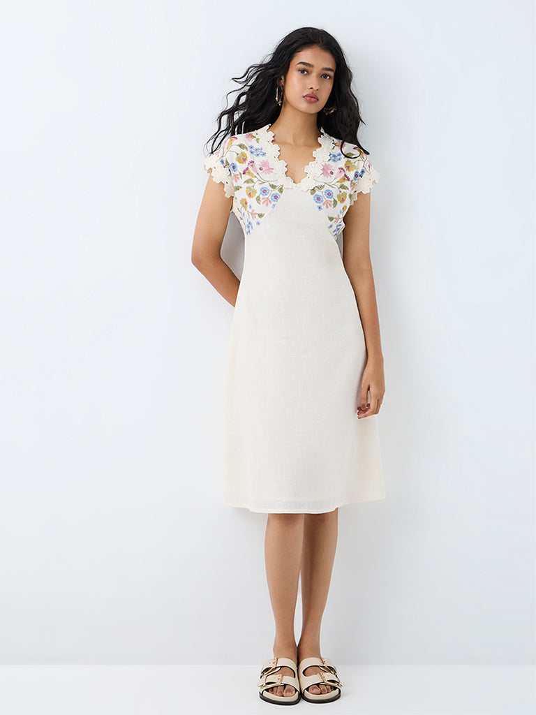 Bombay Paisley White Floral Embroidered Cotton A-Line Midi Dress