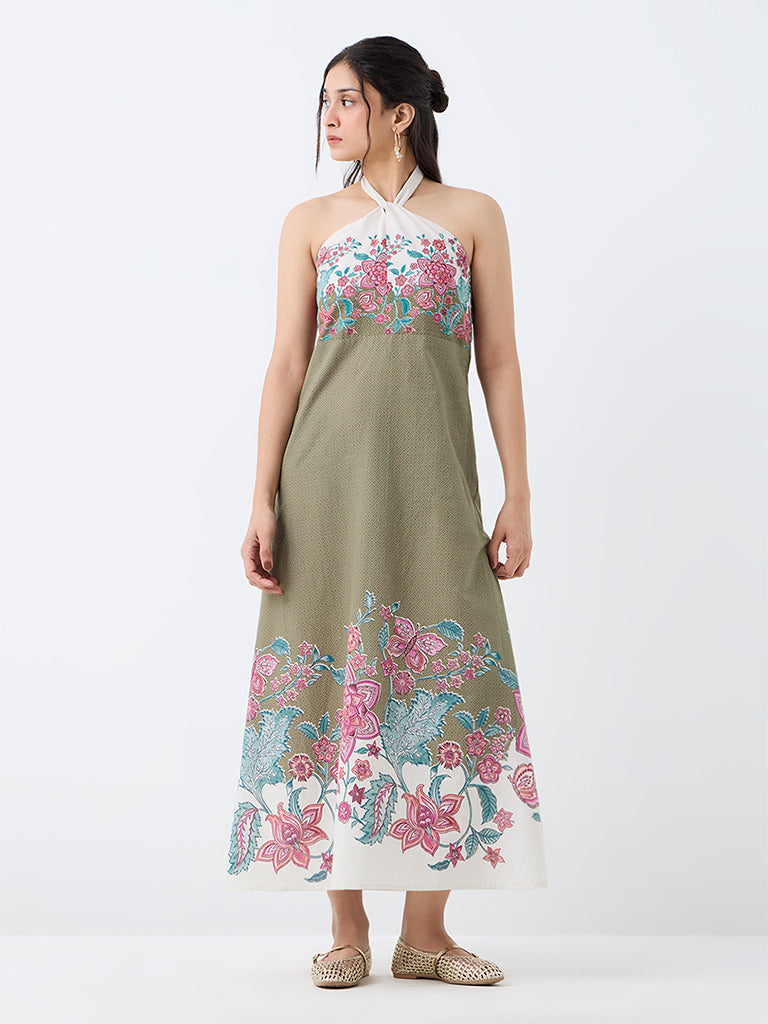 Bombay Paisley Sage Green Floral Printed Cotton A-Line Dress