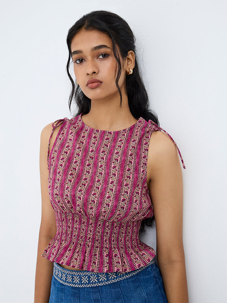 Bombay Paisley Magenta Floral Printed Smocked Cotton Top